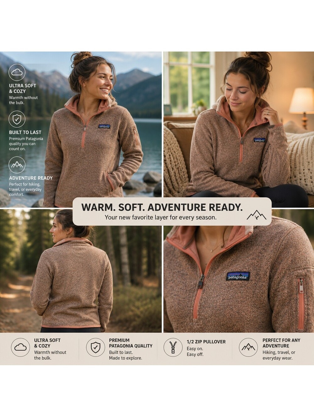 Patagonia Better Sweater 1/2 Zip Fleece Pullover Women's Large Brown Pink Trim. - Picture 2 of 8